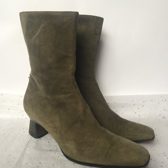 Escada Green Suede Mid Calf Square Toe Vintage Boots Indented Heel - Size 8 FLAW